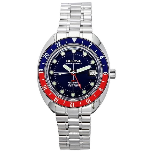 bulova oceanographer gmt stainless steel blue dial automatic diver's 96b405 200m men's watch vista frontal centrada con esfera azul, bisel rotatorio bicolor azul/rojo de 24 h, caja y brazalete de acero inoxidable pulido, ventana de fecha a las 3, manecillas luminiscentes y segundero con punta roja, resistencia 200 m, movimiento automático; también suele usarse para seguir dos husos horarios en viajes.