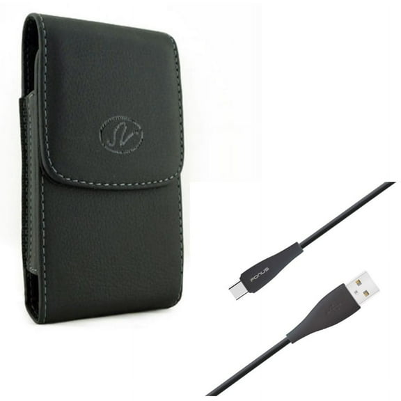 Black Leather Side Case Cover Pouch w 6ft Long TPE Type-C USB Cable Sync Wire N7L for Motorola Moto Z Force Droid G7 Power - OnePlus 6, 6T - Razer Phone 2 - Samsung Galaxy S9 Plus, S8 , A50