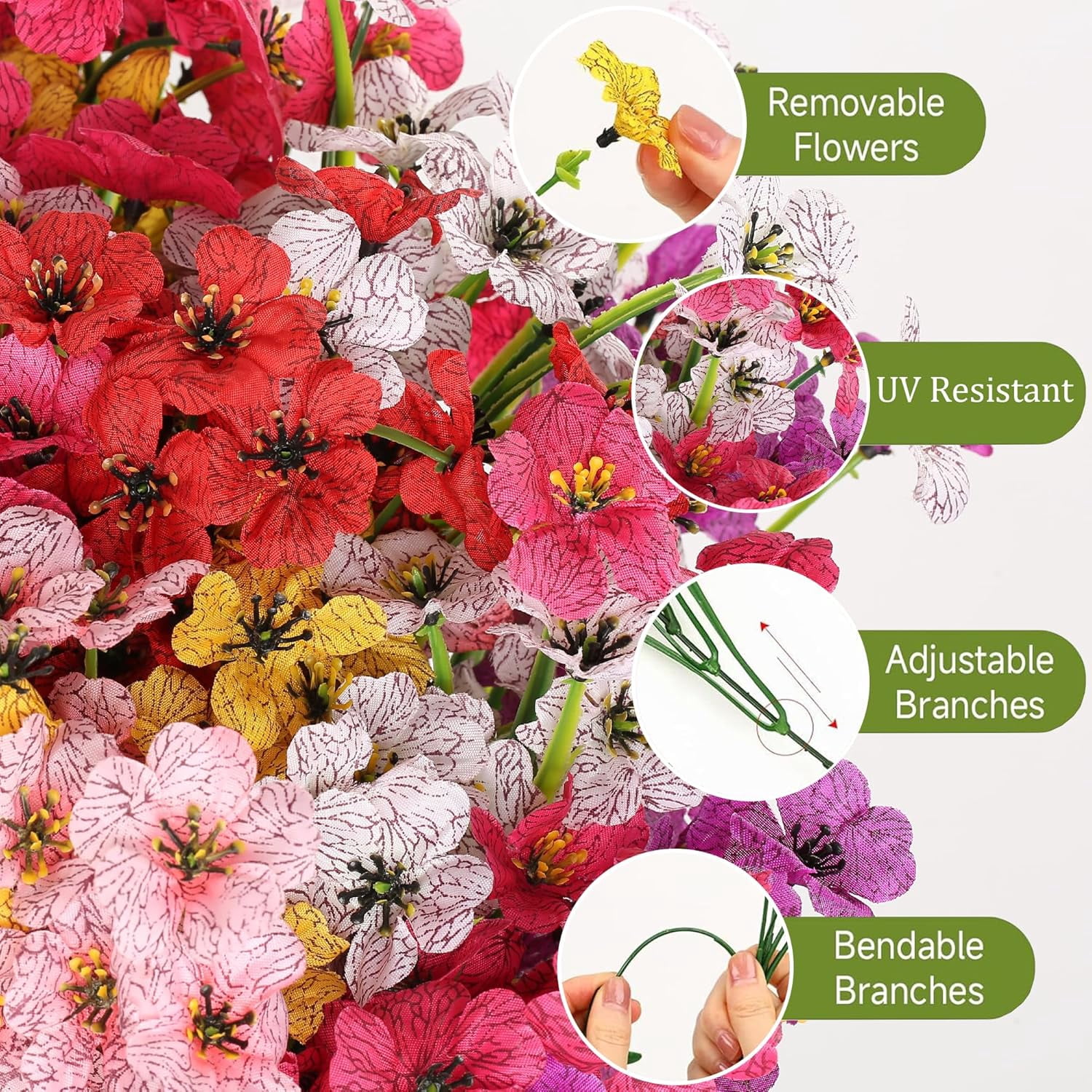 24 Bundles Artificial Flowers for Outdoors, Fake Silk Violet Flowers Faux Plants UV Resistant for Hanging Planters Window Box Front Porch Indoor Outside Decorations (6 Colors Assorted)