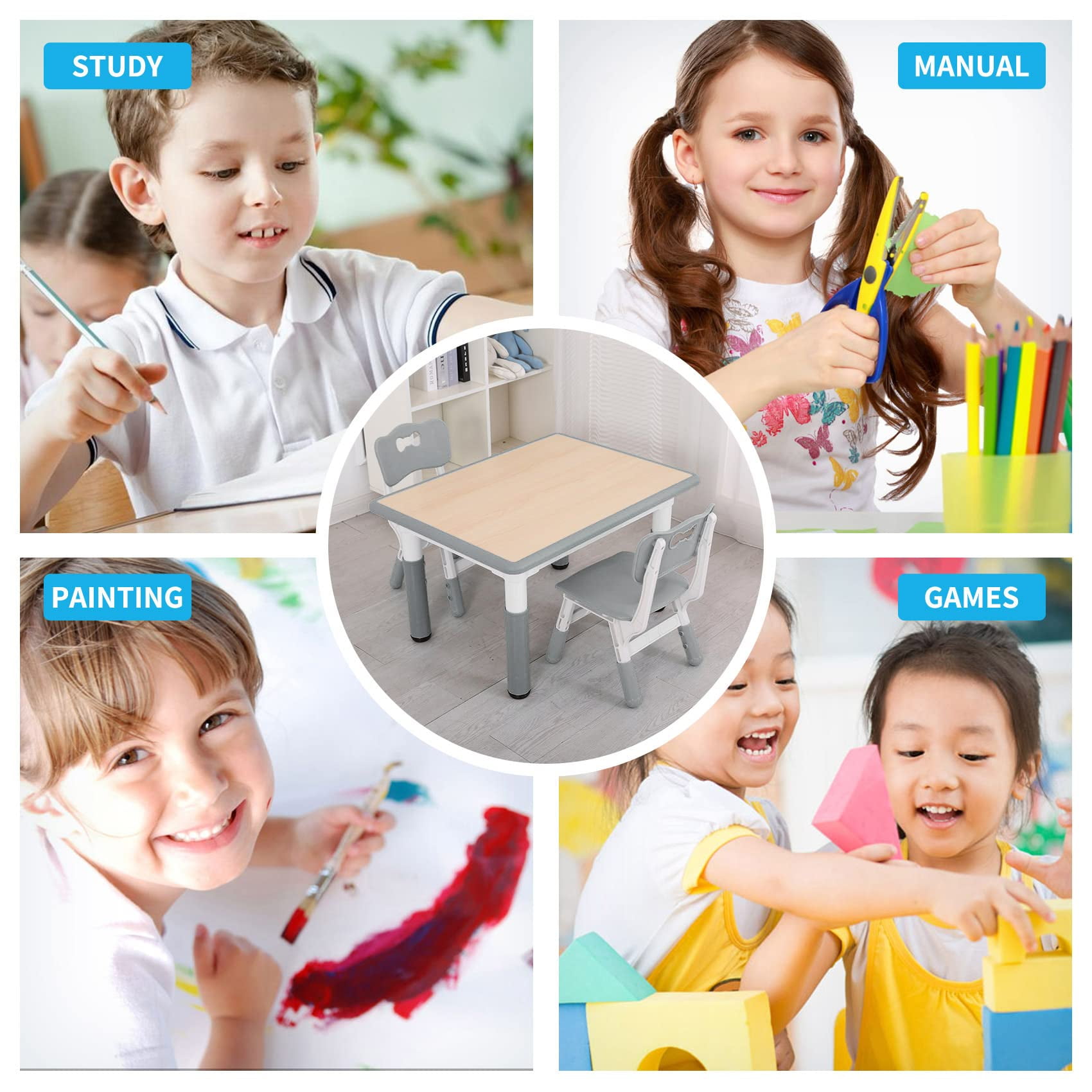 UNICOO® Kids Table and 2 Chairs Set, Height Adjustable Toddler Table and Chair Set, Easy to Wipe Arts & Crafts Table, Suitable for Ages 2-8, Childrens Table and Chair Set (BY-60-MGY)