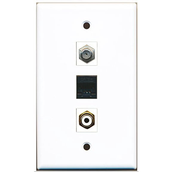 RiteAV - 1 Port RCA White and 1 Port Coax Cable TV- F-Type and 1 Port Cat5e Ethernet Black Wall Plate