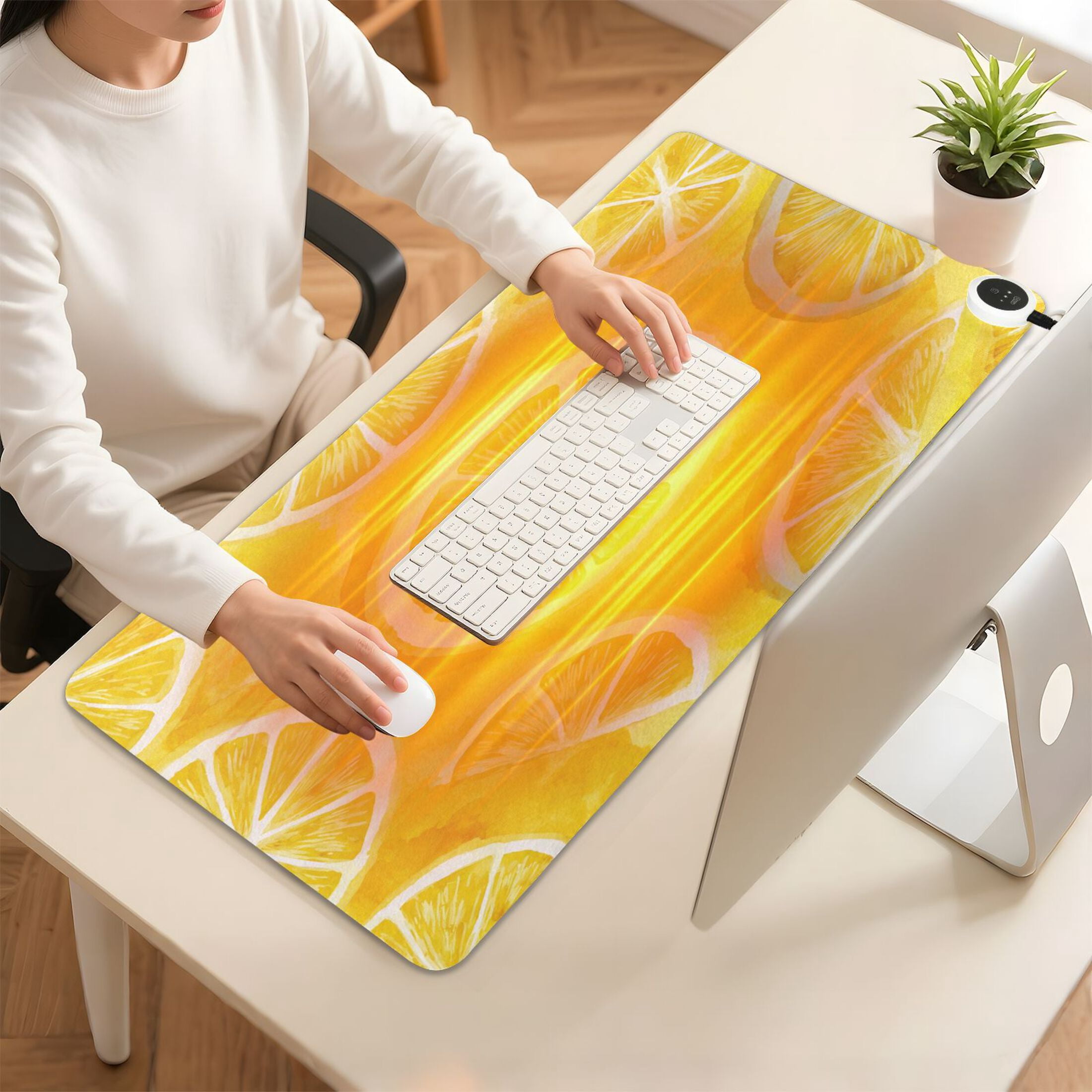 Large Heated Desk Mat Mouse Pad 31.5"x13"PU Leather Graphene Heating Desk Warmer with 3 Temperature Settings 110V US Plug Non-Slip Warm Pad for Home, Office, and Gaming Retro Lemon Slice Pattern