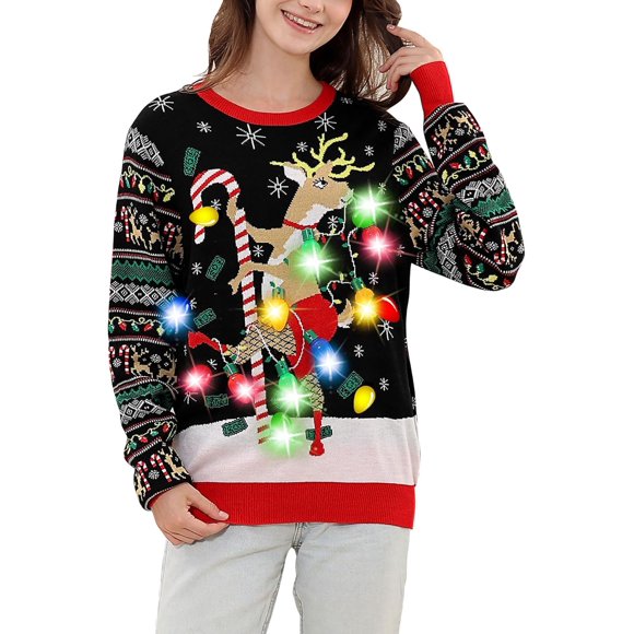 Cozople Ugly Christmas Sweater for Women Knitted Light-Up Xmas Sweater for New Year Party