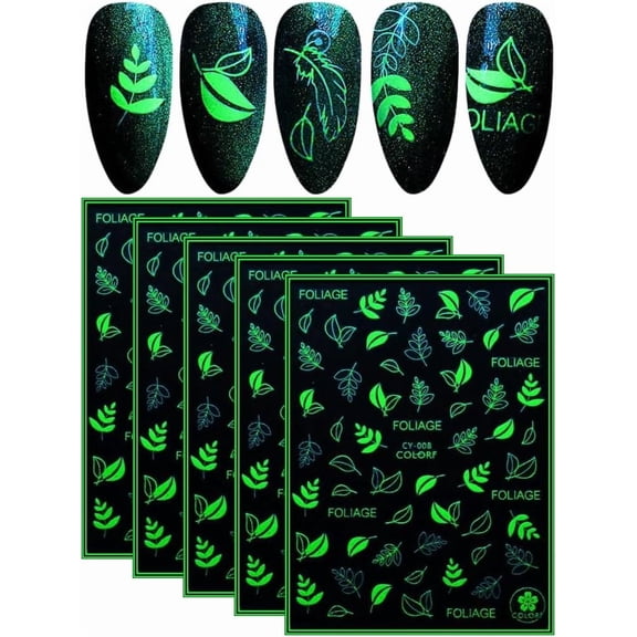 5 Sheets Luminous Plastic Nail Art Stickers Self-Adhesive Manicure Decals for Women Nail Tips Decorations 3D Design Glow in The Dark Leaf 10x8cm