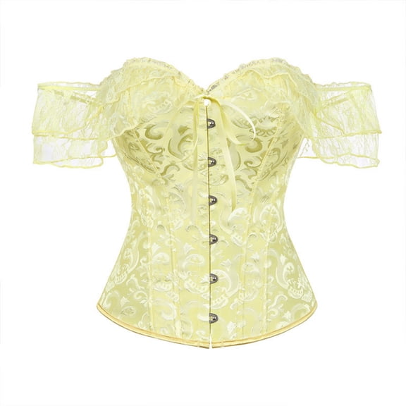 QQZ Off Shoulder Short Sleeve Lace Corset Top For Women, Jacquard Tummy Control Shapewear Women Lace Corset For Halloween Cosplay Party Outfit