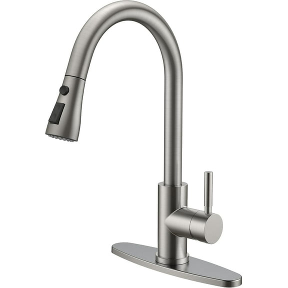 Kitchen Faucet with Pull Down Sprayer Brushed Nickel, High Arc Single Handle Single Level Stainless Steel Pull Out Sink Faucet for Farmouse Camper RV Bar, Fit for 1 or 3 Hole