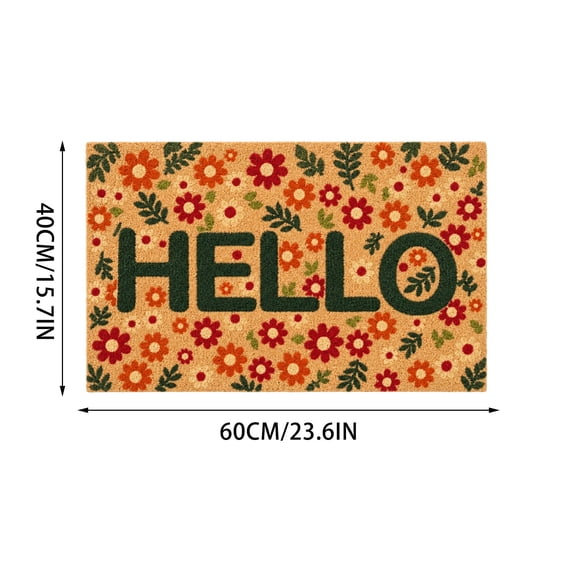 BSMAT Floral Hello Print Doormat, 23.62 x 15.75 Inch Coir Entry Mat with Non Slip Backing, Indoor Outdoor Floor Rug for Front Door Porch or Entryway Hall