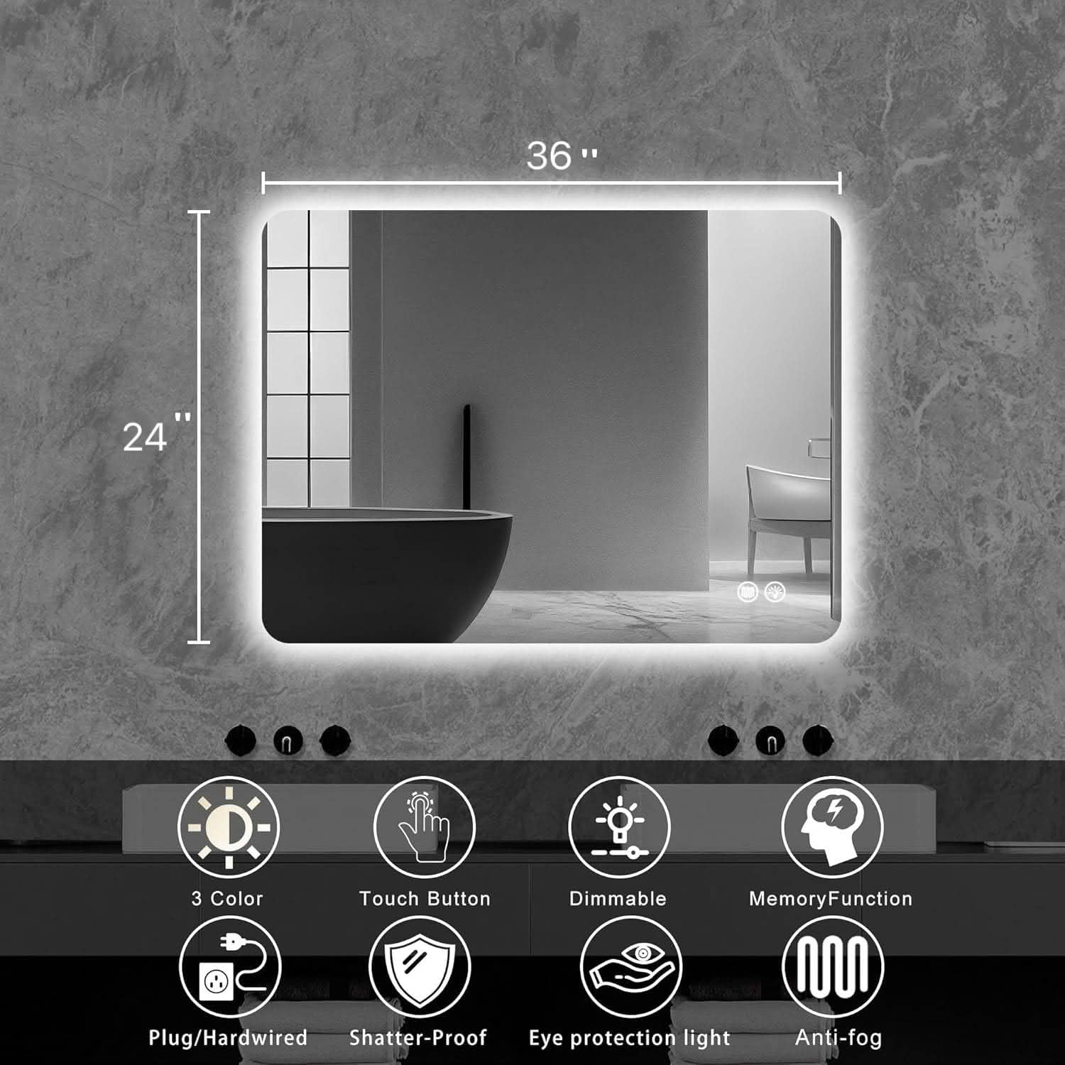 MAYEERTY 24"x36" Rectangular Backlit Bathroom Wall Mirror, for Bathroom Makeup and Grooming