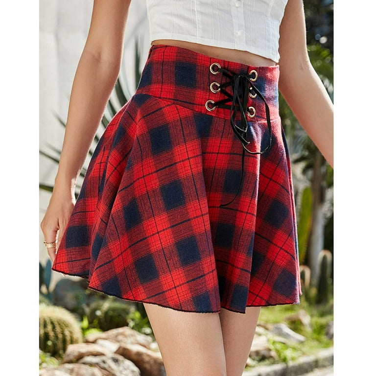 JNGSA Denim Mini Skirt Mini Skirt With Slit Fashion Women Casual Plaid  Print A-Line Lace Up Bandage High Waist Short Skirt Short Skirts For Women
