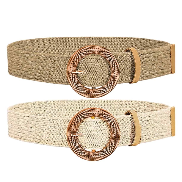 Cinturón tejido de paja de 2 piezas, cinturón elástico para mujer, cinturón de vestir trenzado bohemio elástico con hebilla de madera, banda delgada para la cintura