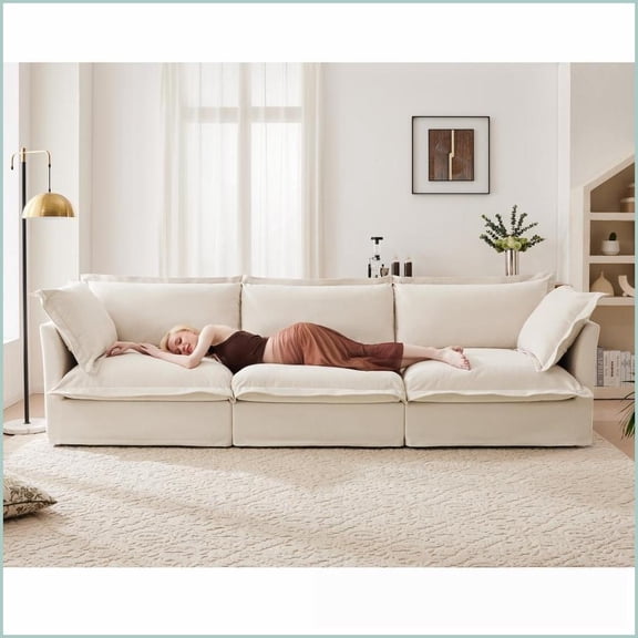 Modern 3-Seat Chenille Sofa with Removable Slipcover – Beige Living Room Couch | Cushion Back | Flared Arms | Chenille
