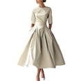thumbnail image 1 of Robes Trapèze pour Femmes Manches 3/4 Col Ras du Cou Robes Plissées Été Robe Maxi Décontractée, 2TG, 1 of 4