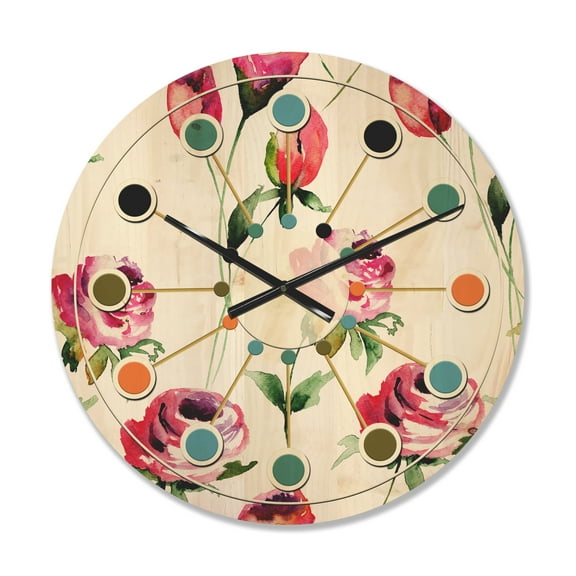 Designart 'Roses Flowers Pattern On White' Mid-Century Modern Wood Wall Clock