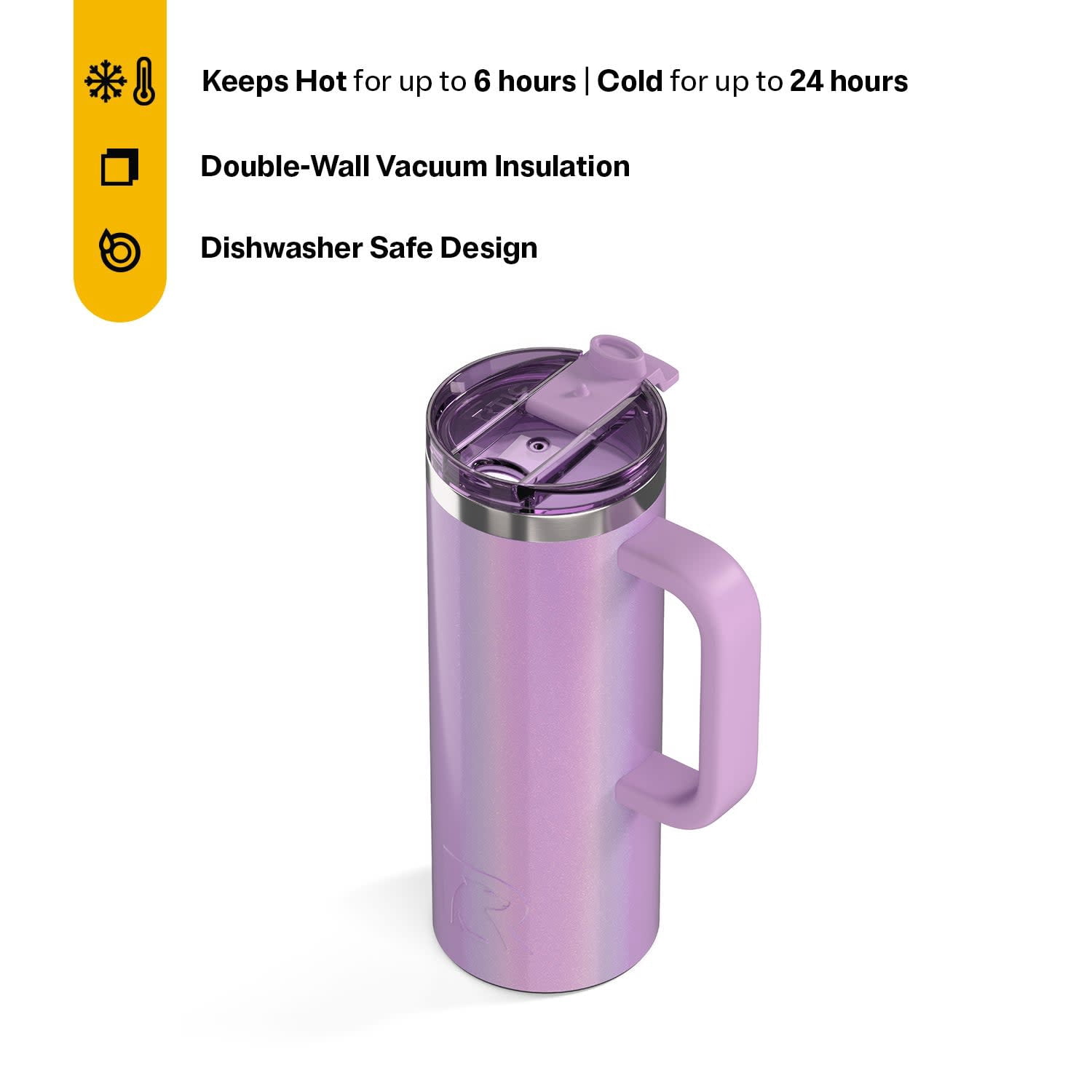 RTIC 20 oz Ceramic Lined Insulated Road Trip Travel Mug with Leak-Resistant Lid, Lavender Glitter