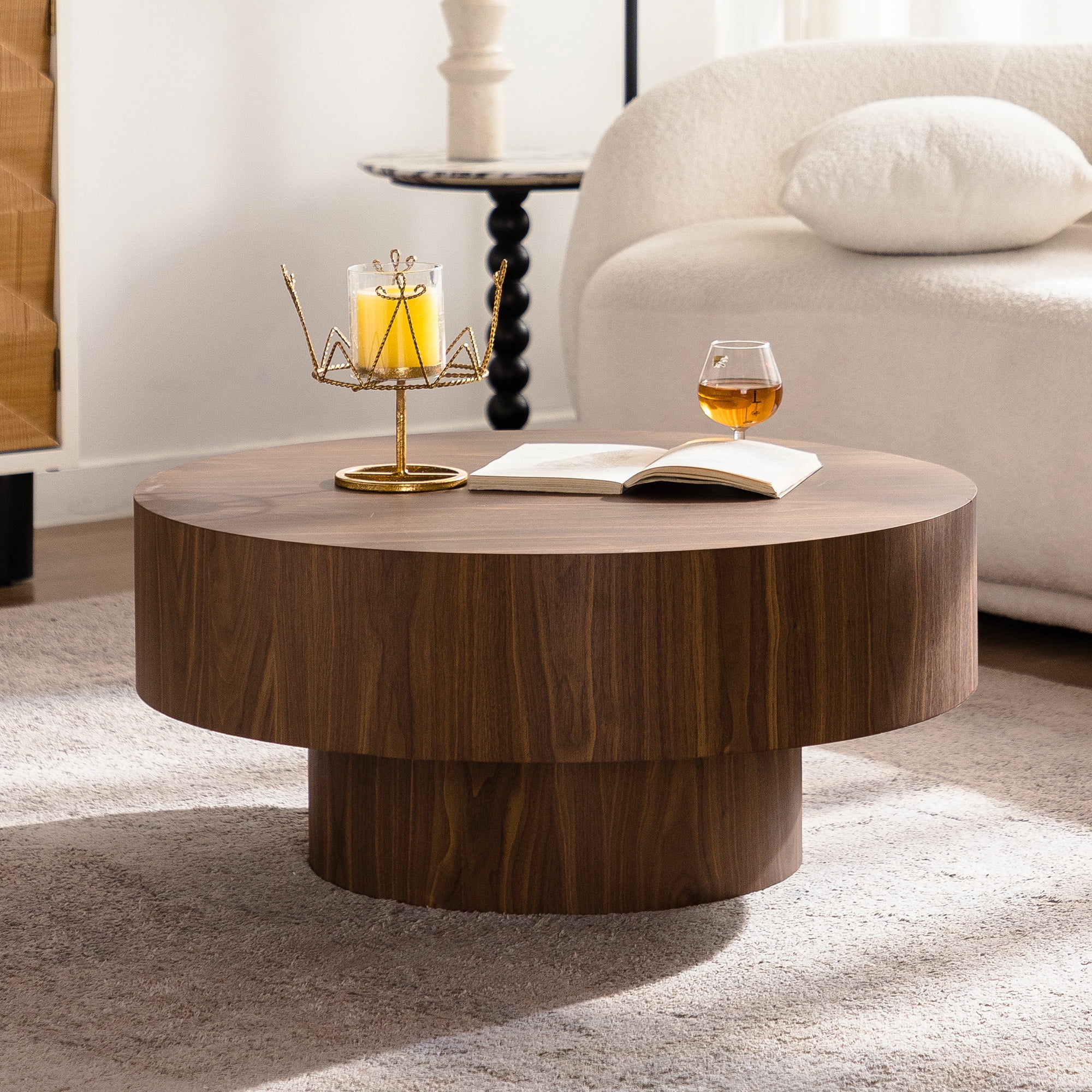 Leumius Round Wood Coffee Table, Walnut Wood Accent Tables for Bedroom, Living Room, Office