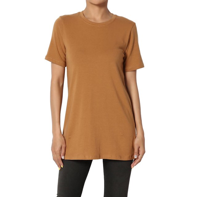 TheMoogan Women's Basic Cotton Span Crew Neck Relxed Slim Fit Tee Tunic Length T-Shirt