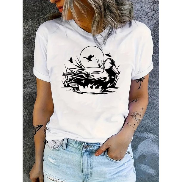 Camiseta con estampado abstracto de pato para mujer, cuello redondo, manga corta, cómoda mezcla de algodón, ideal para verano, ideal para deportes de ocio.