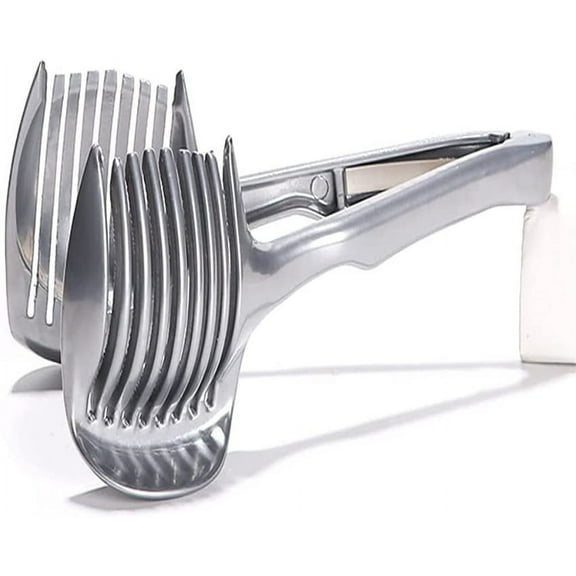 Casewin Tomato Lemon Slicer Holder Round Fruits Onion Shreader Cutter Guide Tongs with Handle Kitchen Cutting Potato Lime Food Stand Stainless Steel