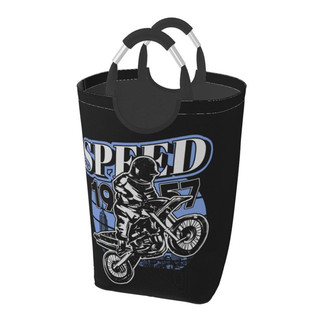 DouZhe 50L Rectangular Laundry Basket, Retro Fashion Motorcycle Prints Waterproof Foldable Laundry Hamper with Aluminum Handles