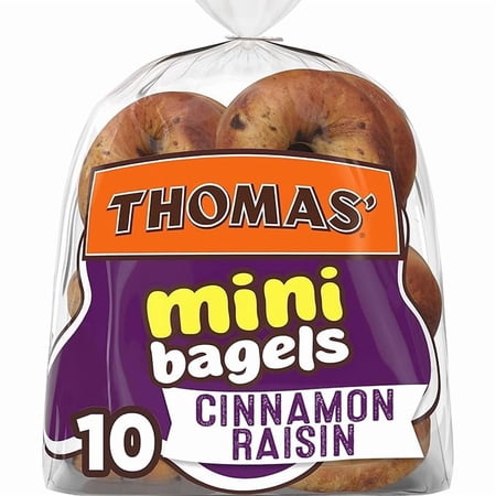 Pack of 1 Thomas' Cinnamon Raisin Mini Bagels, 10 Pre Sliced Mini Bagels with No High Fructose Corn Syrup, 15 Oz Bag