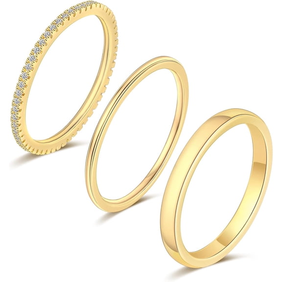 3PCS 14K Gold Plated Rings Stacking Ring for Women Stackable Thin Gold Ring Band Thumb Pointer Finger Plain Ring Statement Band Comfort Fit Size 5-10