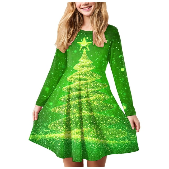 Splozh Robe Fille Manches Longues Noël Robe de Fille Imprimé de Noël Bal Fête Fête de Noël Robes de Fille Vert, 17-18 Ans