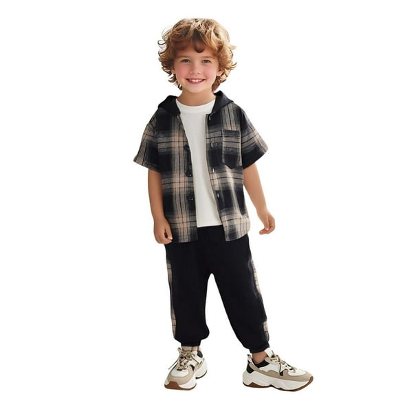 Hienoo Toddler Boys Outfits Plaid Long Sleeve Button Hooded Shirt and Pants 2-Piece Set