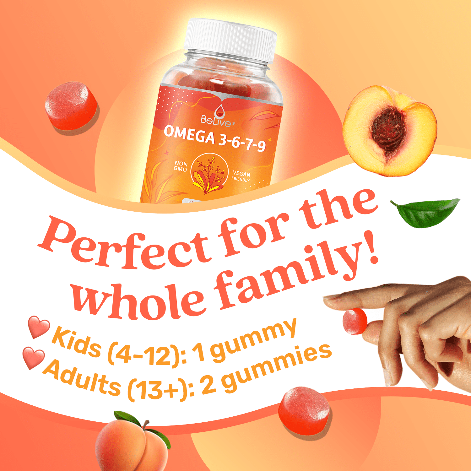 BeLive Omega 3 Gummies with Omegas 6, 7, & 9. Sugar-Free, Supports Brain, Heart, Eye & Immune System, For Adults & Kids, Peach Flavored