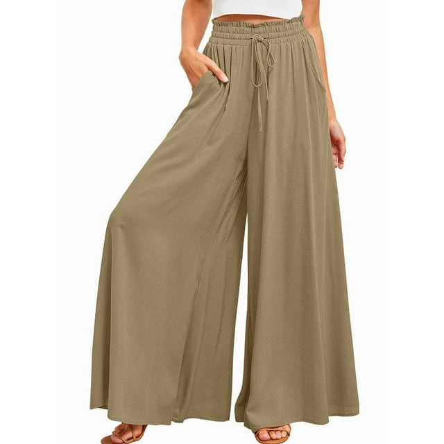 Women Casual High Waist Spring Fall Solid Color Long Wide Leg Pants Casual with Pockets Linen Cyan L