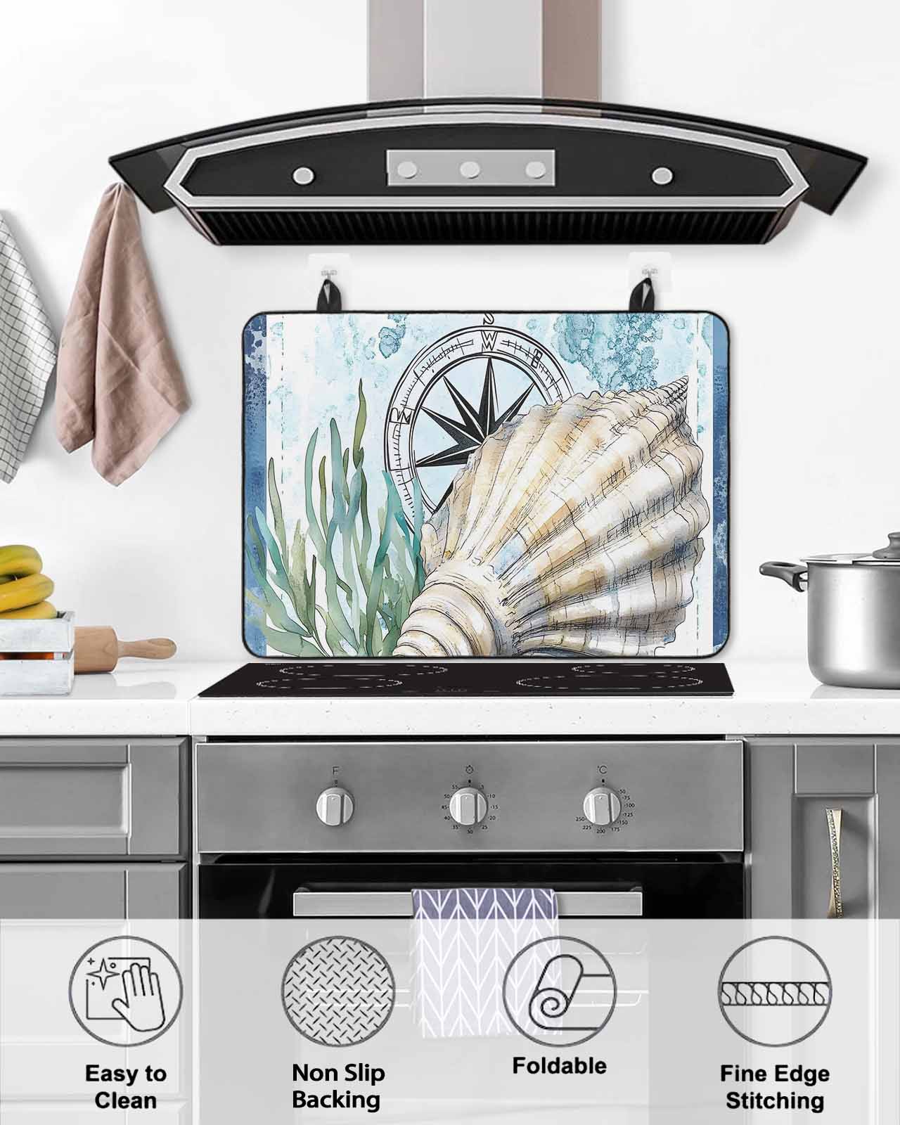 nqOlkjepod Large Induction Cooktop Protector Mat 24"x21", Coastal Ocean Stove Top Covers for Electric Stove, Summer Nautical Compass Shell Seaweed Stove Burner Cover Mats, Glass Top Stove Cover