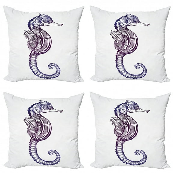 Ambesonne Marine Throw Pillow Cover 4 Pack, Boho Seahorse Tattoo, 20", Dark Purple Pale Mauve