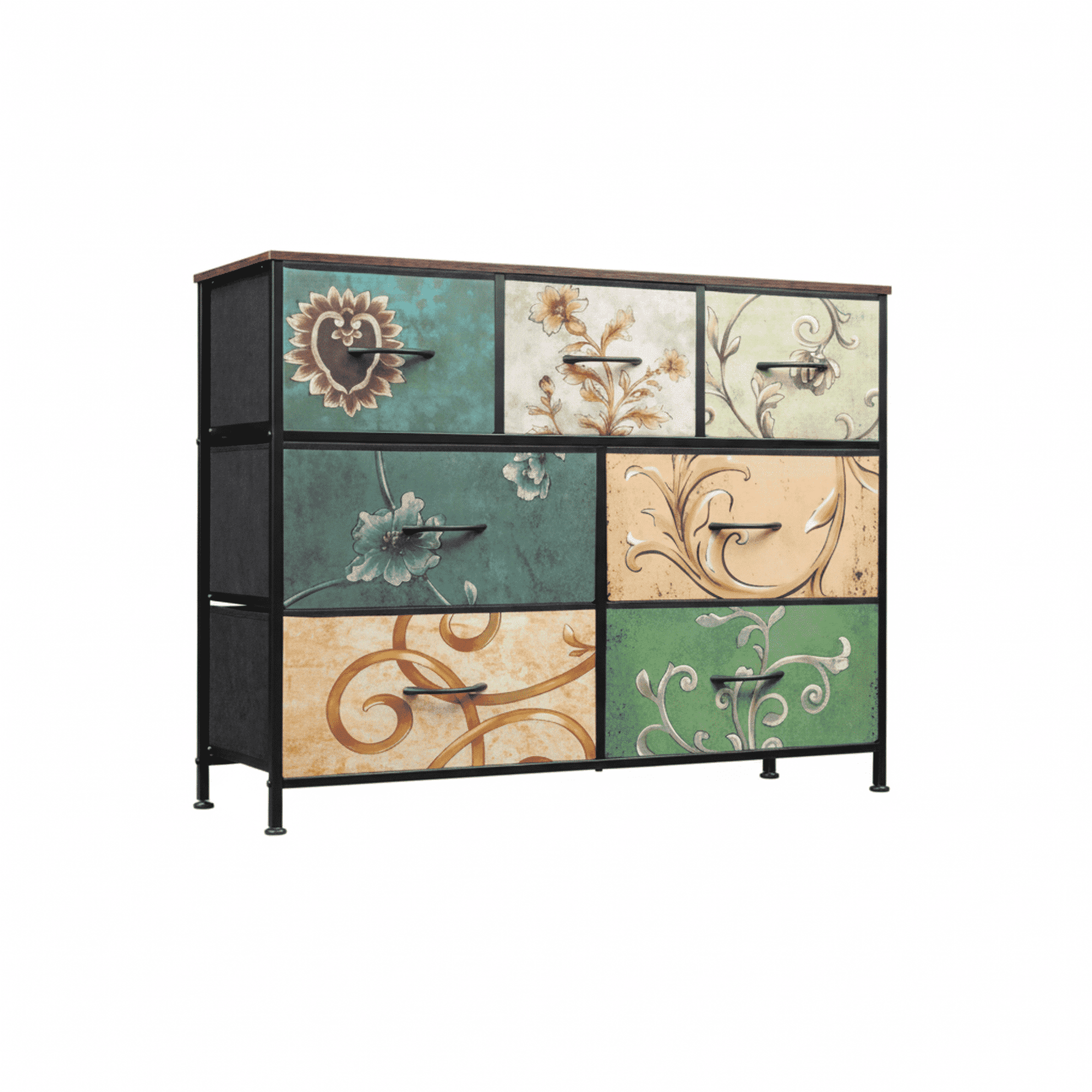 edx Fabric Dresser with 7 Drawers, Retro Flower Design, Chest of Drawers with Sturdy Steel Frame, Wood Top for Bedroom, Living Room, Hallway