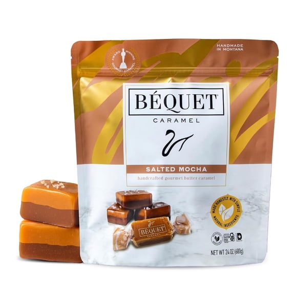 Béquet Caramel - Salted Mocha Gourmet Candy - Coffee Candy Individually Wrapped - Gourmet Sea Salt Caramel - Made in Montana - Kosher (Star-D), and Gluten Free - 24oz Resealable Pouch