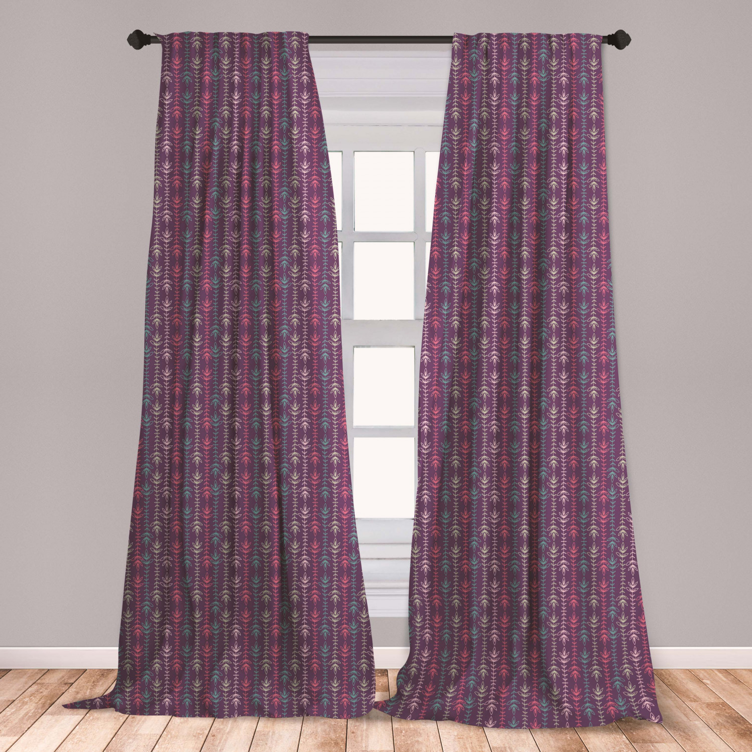Botanical Curtains 2 Panels Set, Print of Colorful Floral Repeating Botany with Leaves in Ethnic