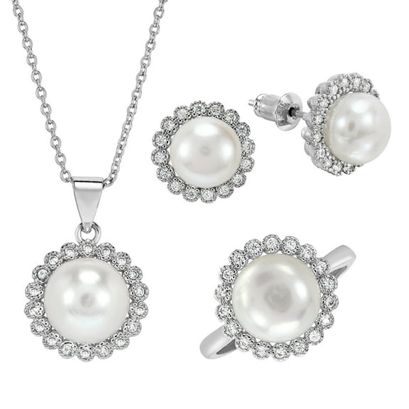 AeraVida Glowing Dramatic Blossom White Pearl Cubic Zirconia Sterling Silver Jewelry Set