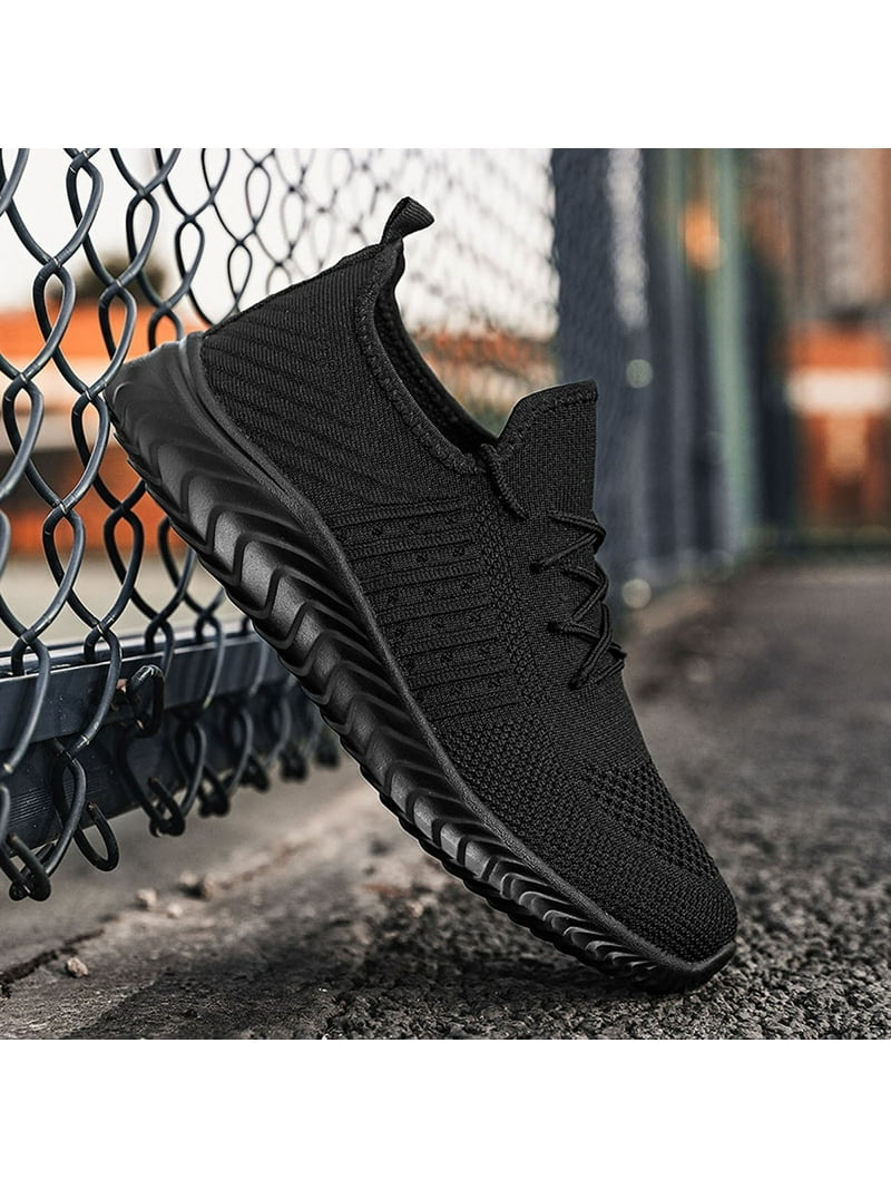 Sneakers Men Lace Mesh Soft Color Bottom Up Sport Shoes Casual Breathable Solid Men's Sneakers Black 9.5 -