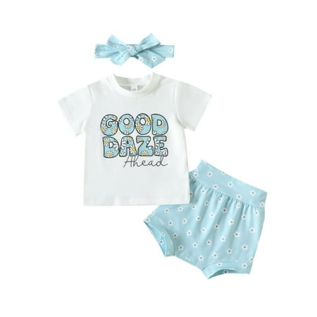 

HIBRO Set Girl Flower Letter Short Sleeved T Shirt Floral Shorts Plus Headscarf Three Piece Baby Summer Short Sleeved Shorts Suit Hoodies Girls Baby Girl Romper Pant