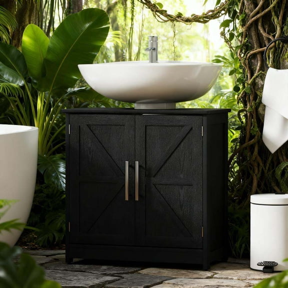Vanity With Sink, Pedestal Sink Storage Cabinet, Bathroom Sink Cabinet with 2 Barn Doors and Adjustable Shelf (Without washbasin), Distressed Black Bathroom Vanity,Mdf Single Sink Vanity