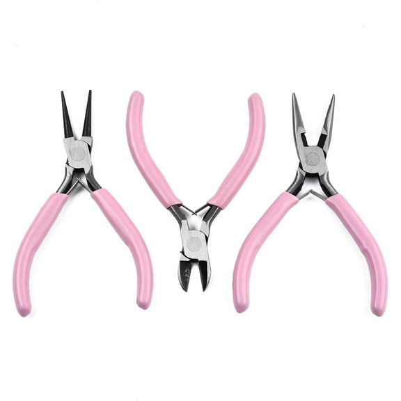1 Set Steel Pliers Set with Plastic Handles Including Side Cutter Pliers Round Nose Plier Needle Nose Wire Cutter Plier Pink Jewelry Pliers for Beading Jewelry Making and Wire Forming