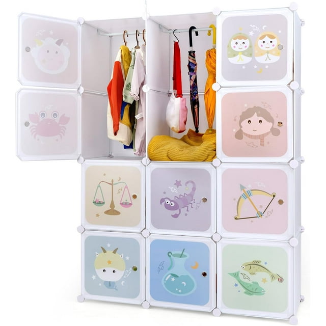 OLAKIDS Children Wardrobe, Kid Closet Portable Baby Dresser Cute for Kids Bedroom Nursery Armoire with Doors 12 Cube 2 Hanging Sections, Kid Clothes Storage Organizer