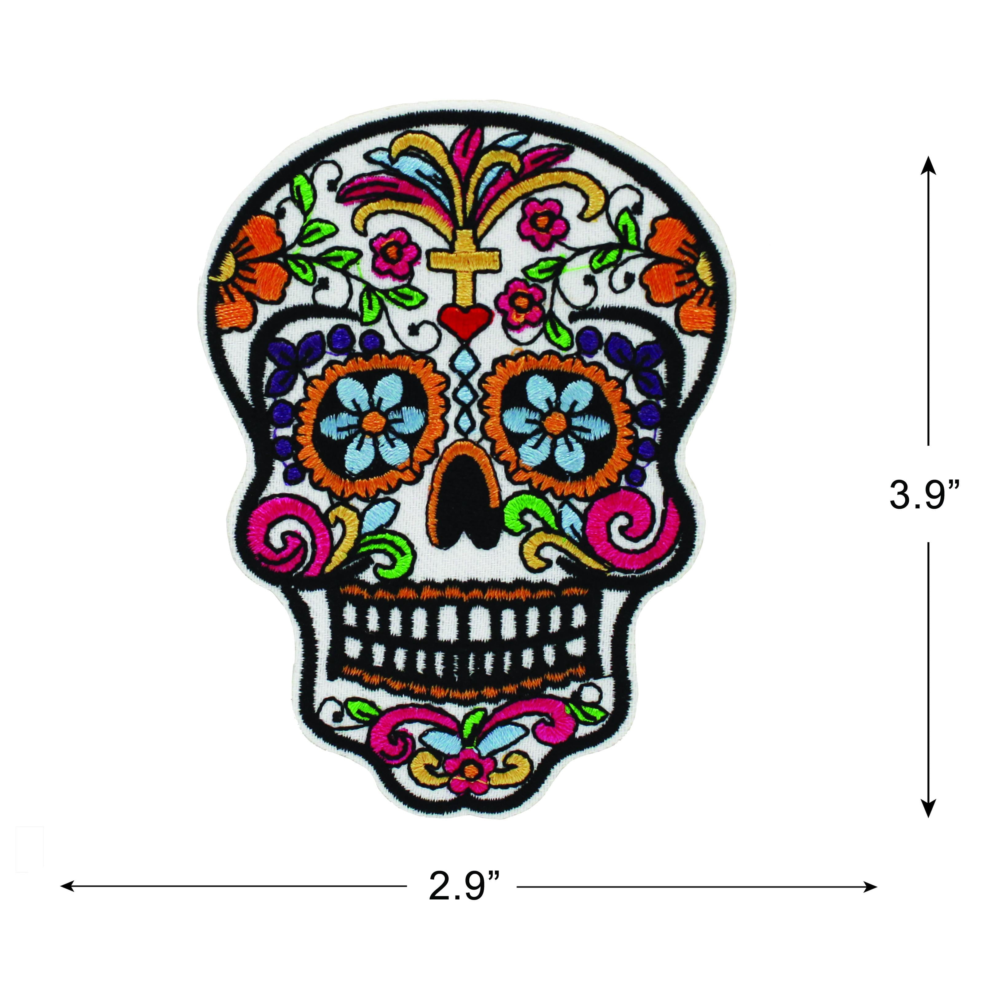 (3 pack) Gwen Studios Embroidered Multicolor Sugar Skull Iron-on Patch Applique, 2.9" x 3.9"