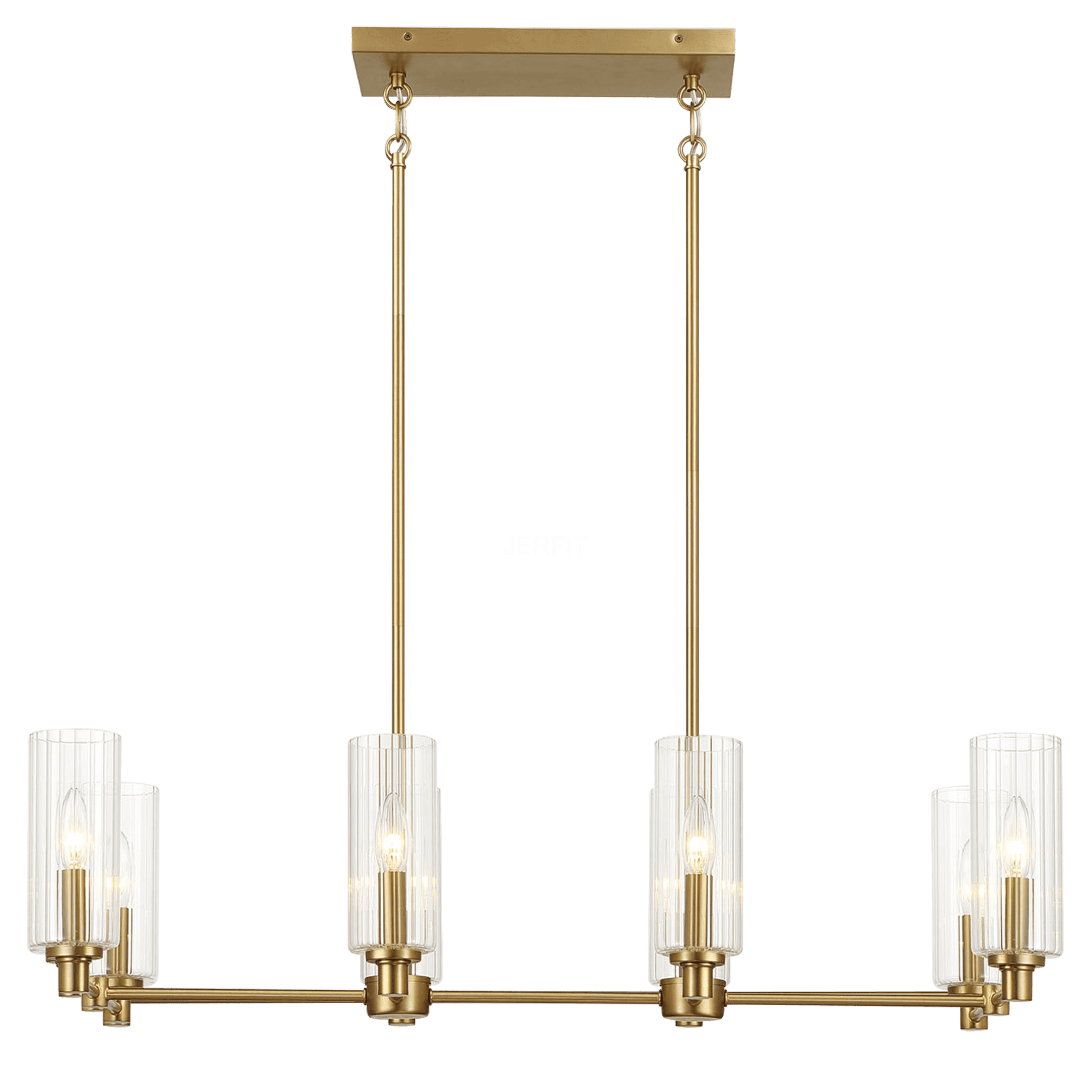 JERFIT 8-Light Pendant Light Fixture for Kitchen Island, Antique Gold and Clear Ribbed Glass Chandelier, Modern Ceiling Hanging Lamp