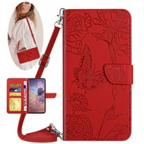 Feishell Crossbody Wallet Cover for Motorola Moto G 5G (2025),Flower & Butterfly Embossed Pattern PU Leather Magnetic Flip Stand Card Slots Shockproof Phone Case with Shoulder & Wrist Strap,Red