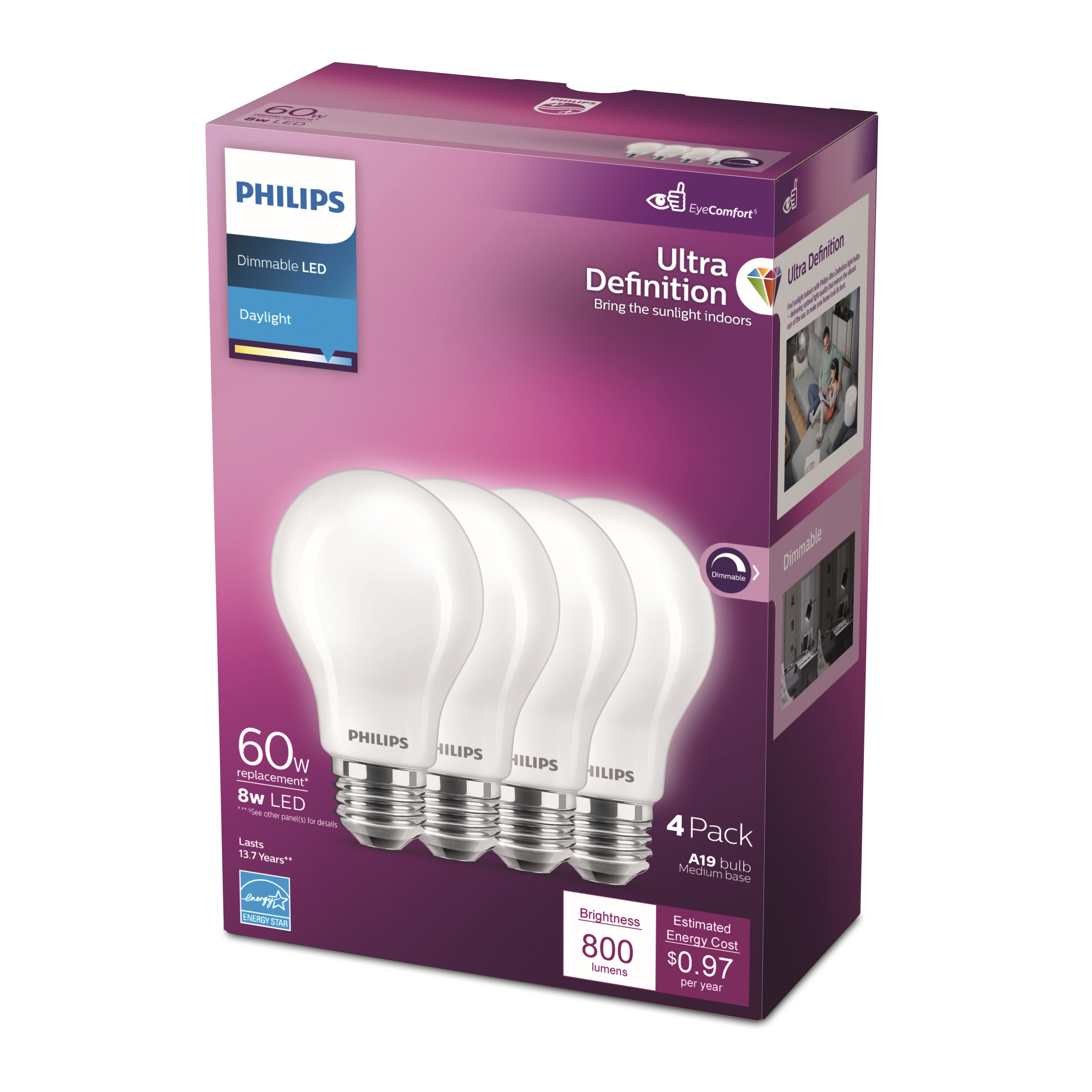 R Oppervlakkig leven Philips Ultra Definition LED 60-Watt A19 Light Bulb, Frosted Daylight,  Dimmable, E26 Base (4-Pack) - Walmart.com