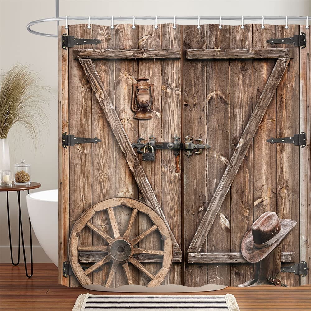 Farmhouse Shower Curtain Rustic Barn Door Shower Curtain, Cowboy Shabby Chic Western Wood Wheel Country Shower Curtain Woodland Brown Wooden Rustic Fabric Bathroom Decor with 12PCS 70X84IN
