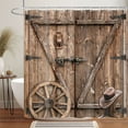 thumbnail image 3 of Farmhouse Shower Curtain Rustic Barn Door Shower Curtain, Cowboy Shabby Chic Western Wood Wheel Country Shower Curtain Woodland Brown Wooden Rustic Fabric Bathroom Decor with Hooks 36X70IN, 3 of 3