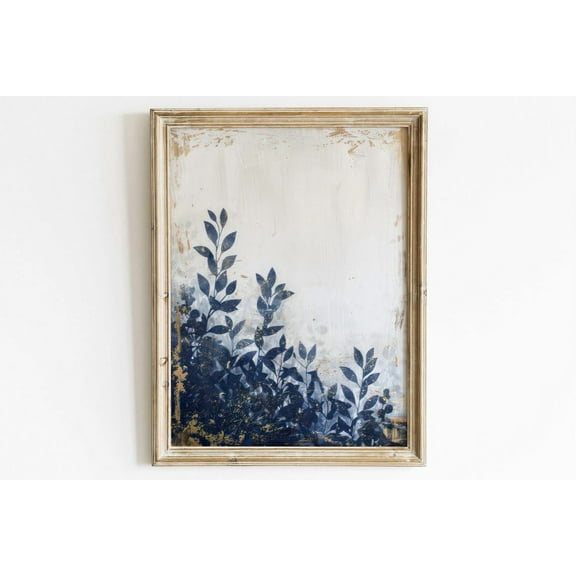 Blue Leaves Wall Art, Gold And Blue Art, Botanical Wall Art, Rustic Botanical Farmhouse Art, Plant Art, Living Room Wall Decor Wall Art, Modern Wall Decor, 8x12 UNFRAMED