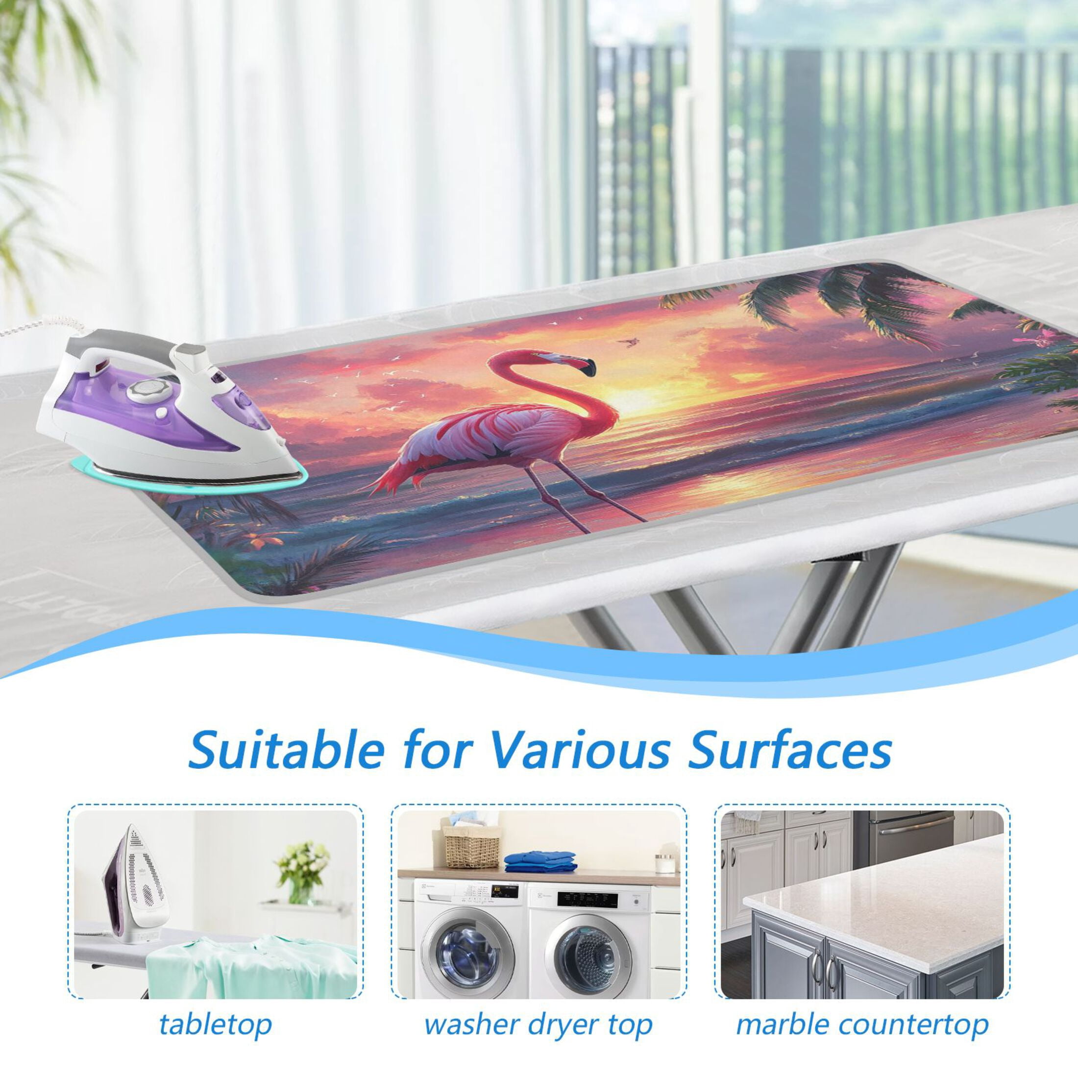Flamingo on Dreamy Sunset Beach Ironing Mat Blanket Portable Travel Ironing Pad Heat Resistant Pad 47.2" x 27.6”