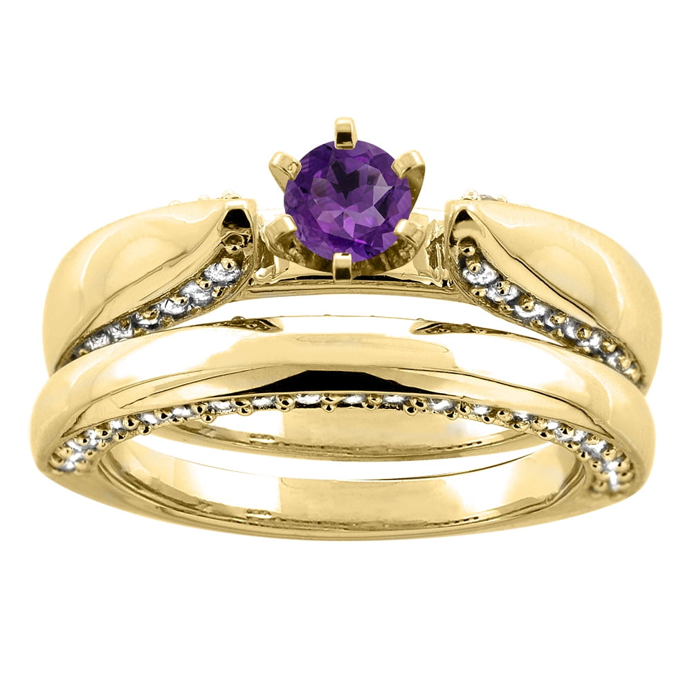 14K Yellow Gold Natural Amethyst 2-piece Bridal Ring Set Diamond Accents Round 5mm, size 5.5 by Gabriella Gold