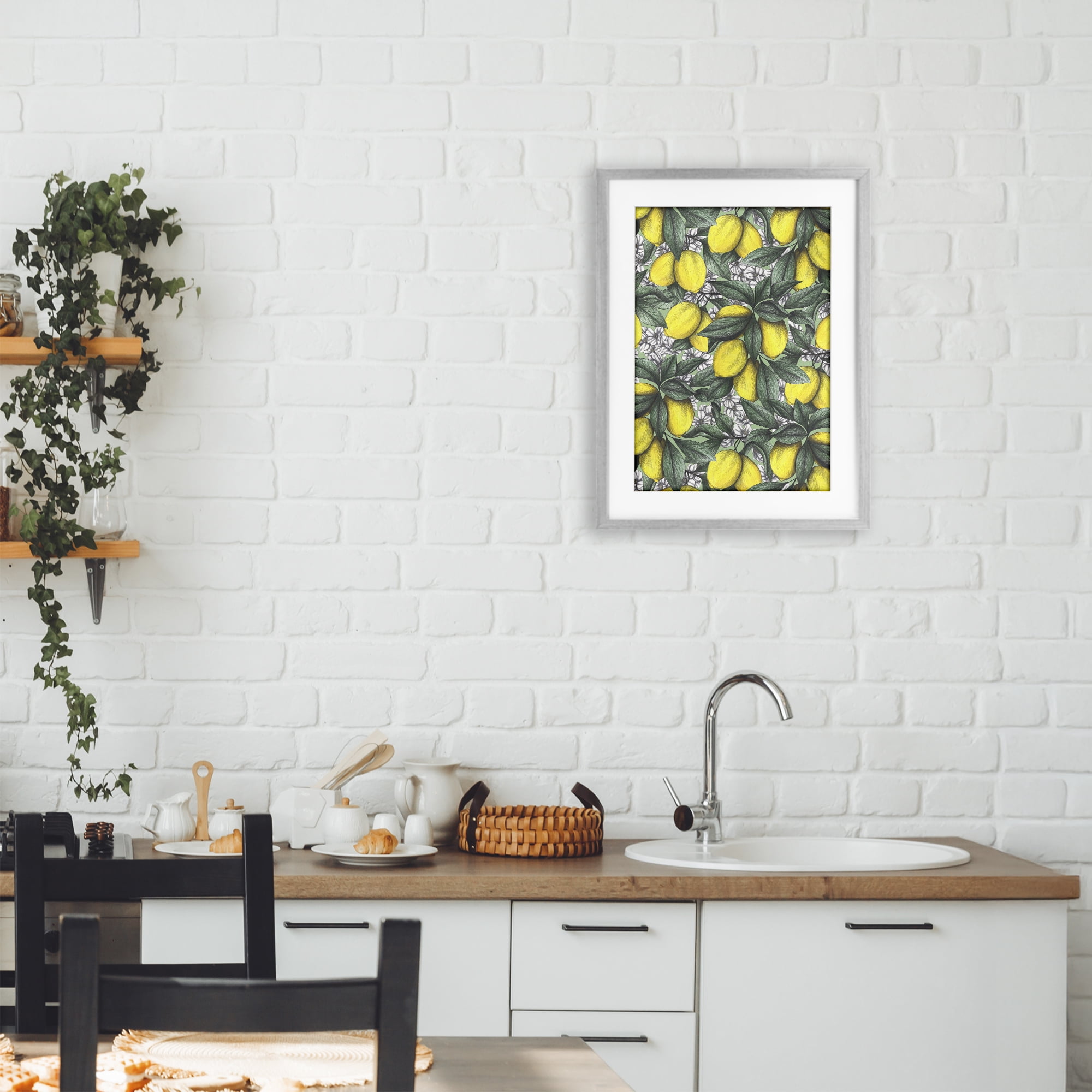 Under The Lemon Tree Gray Framed Print Under Glass, design by Cecilia Battaini